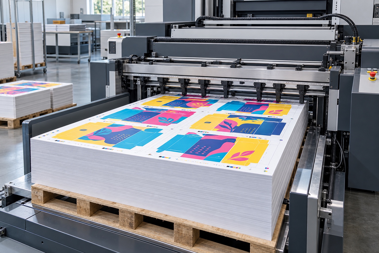 Professional printing press producing sharp vivid colour sheets
