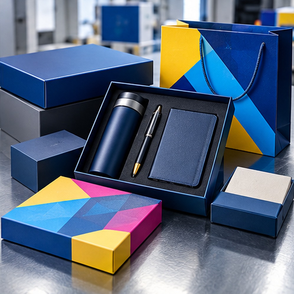 Colourful coordinated printed corporate gift sets and packaging
