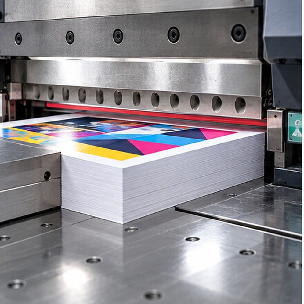 Colourful printed business materials being professionally finished