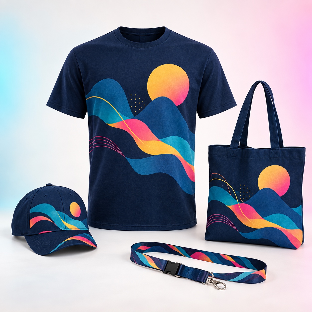 Complete coordinated set of printed apparel and promotional merchandise