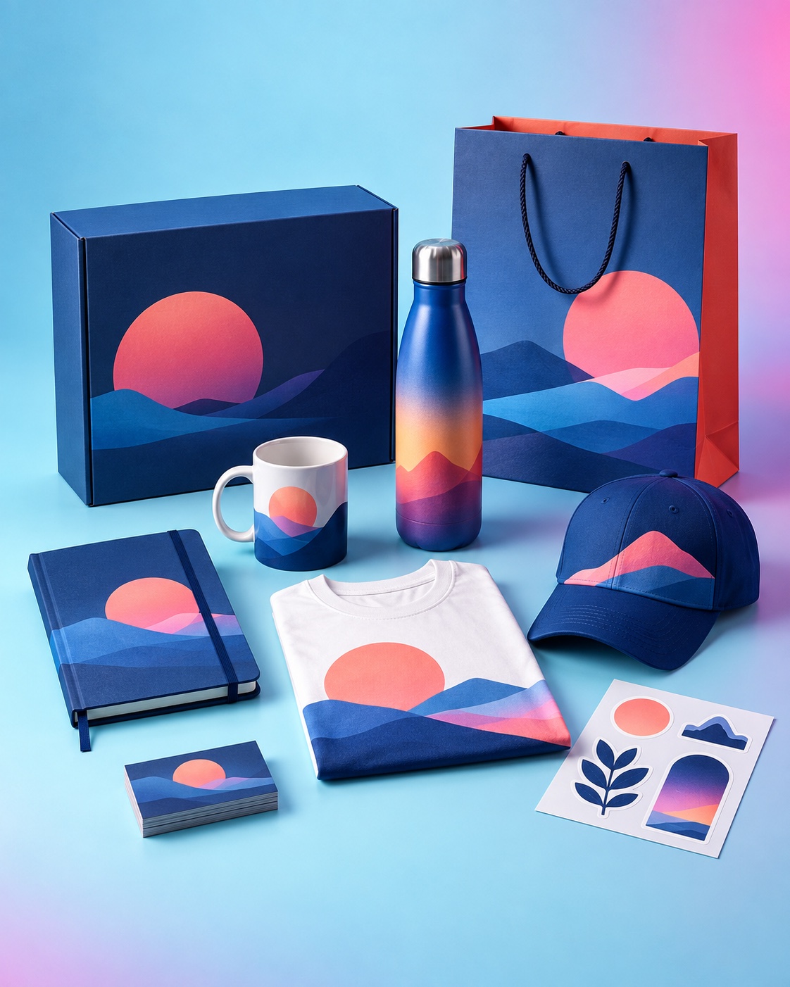 Complete arrangement of custom printed packaging, apparel, stationery and promotional products