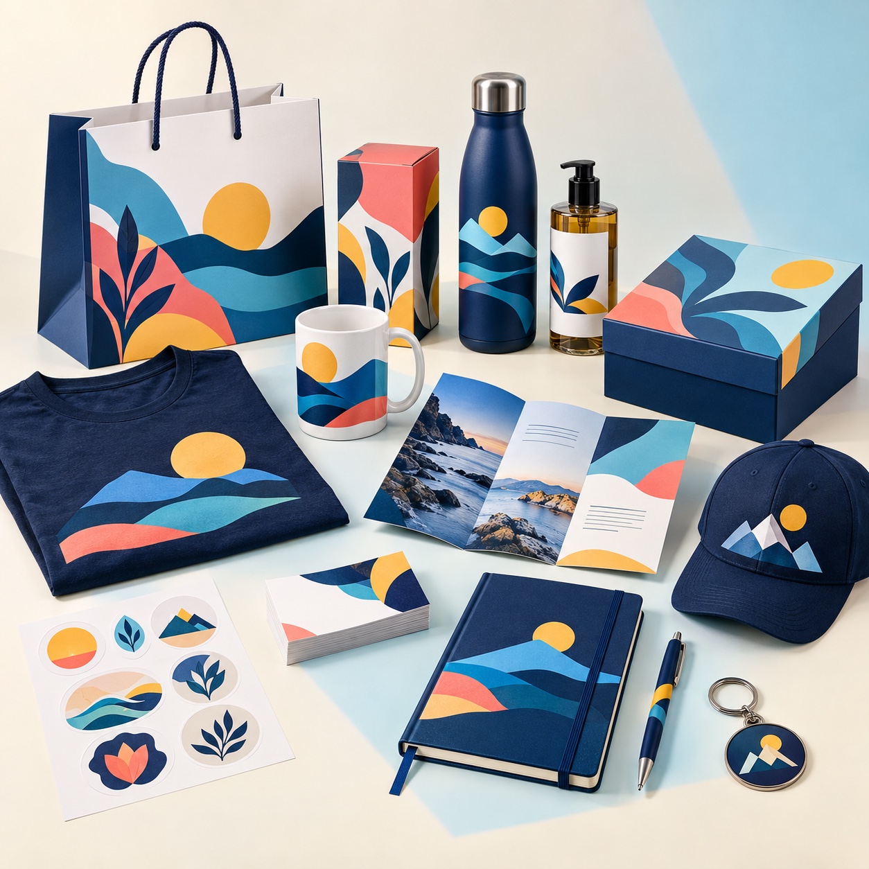 Complete colourful range of printed packaging, stationery, apparel and promotional products