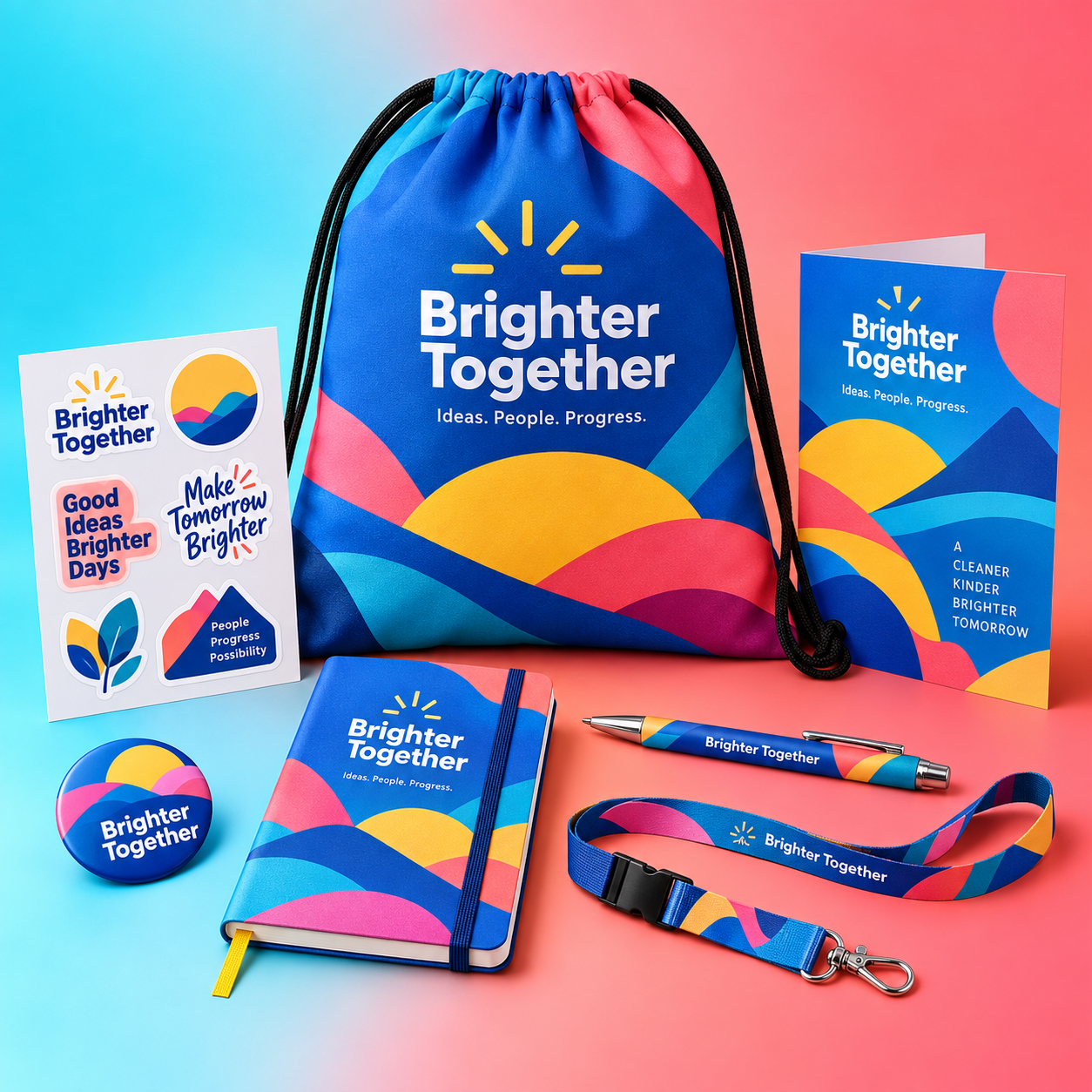 Colourful printed bag, notebook, pen, lanyard, badge, stickers and campaign brochure