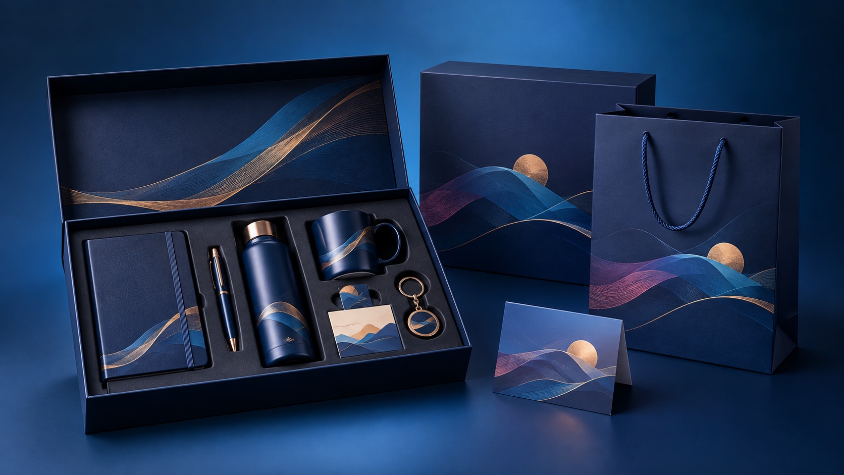 Coordinated corporate presentation box with printed notebook, bottle, mug, pen, keychain and card